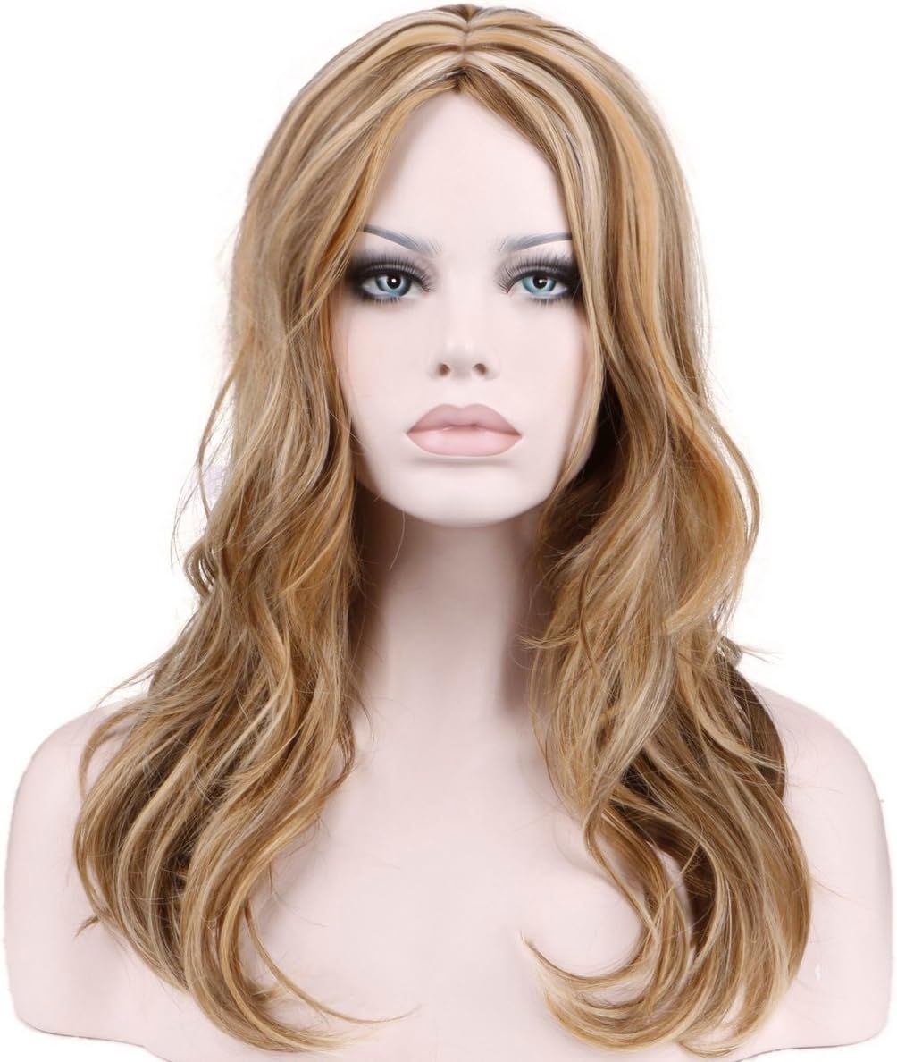 KeeWig Synthetic Wavy Blonde Wig Middle Part Piano Color Blend Light Brown Platinum and Reddish Blonde CINDY #P2216
