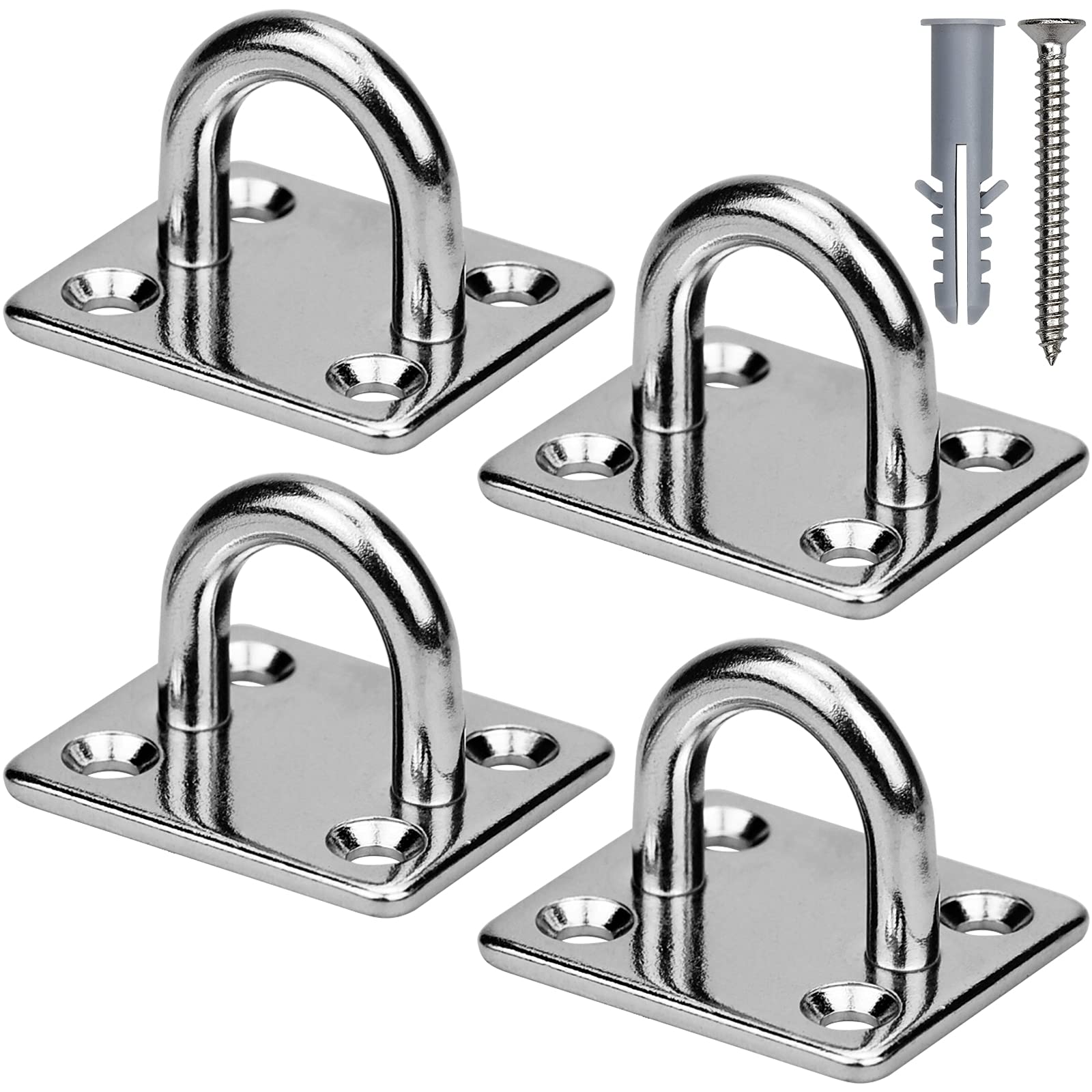 NathrBTV 4 Pcs M6 Heavy Duty Eye Plate Hook, 304 Stainless Steel Square Ceiling Hooks with 16 Screws for Yoga Training Swings - Bearing Weight: 300 KG