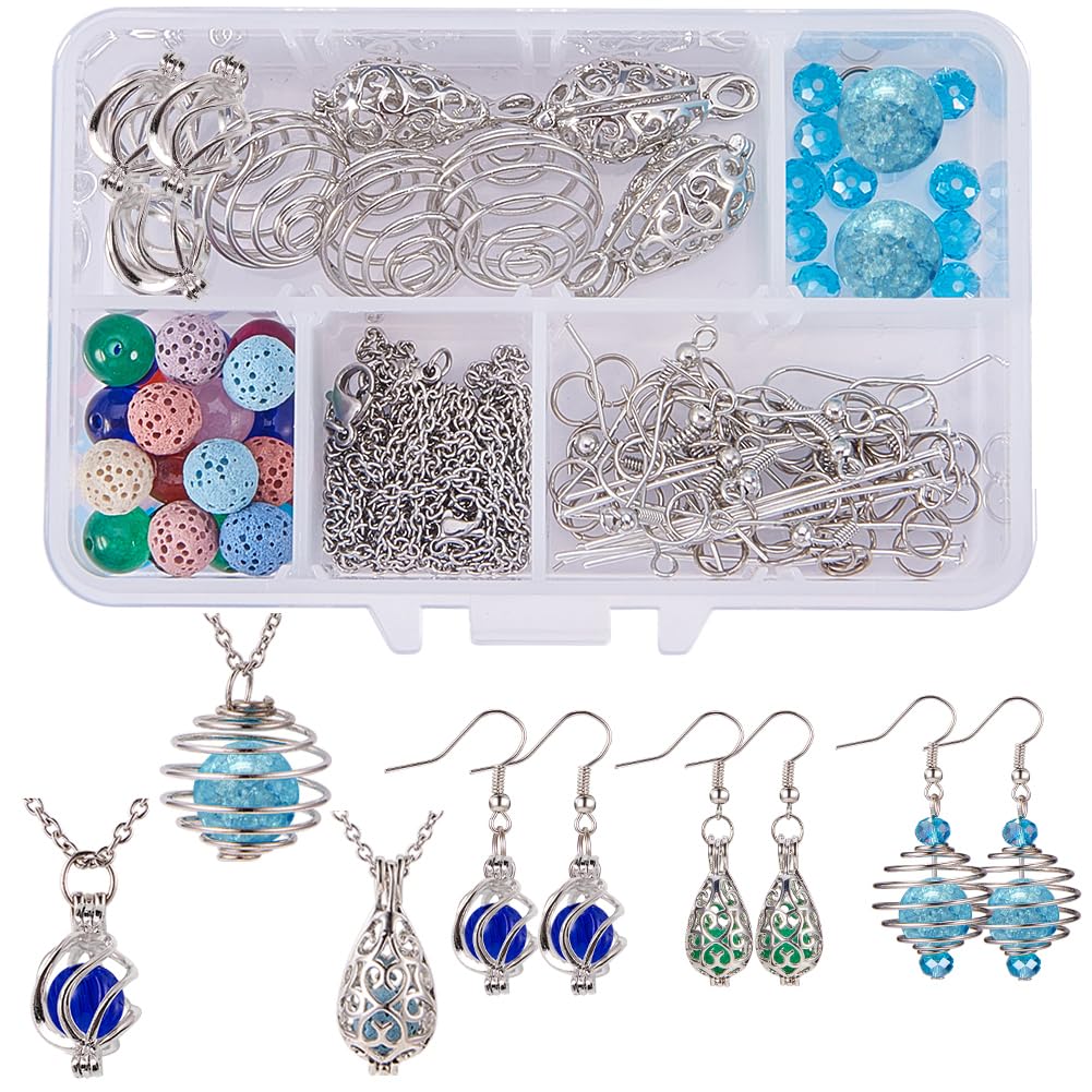 SUNNYCLUE 1 Box 54PCS Spiral Bead Cage Pendant Necklace Earrings Jewellery Making Kits Essential Oil Diffuser Locket Cage Charms Lava Chakra Gemstone Beads for Women DIY Jewellery Making Adults