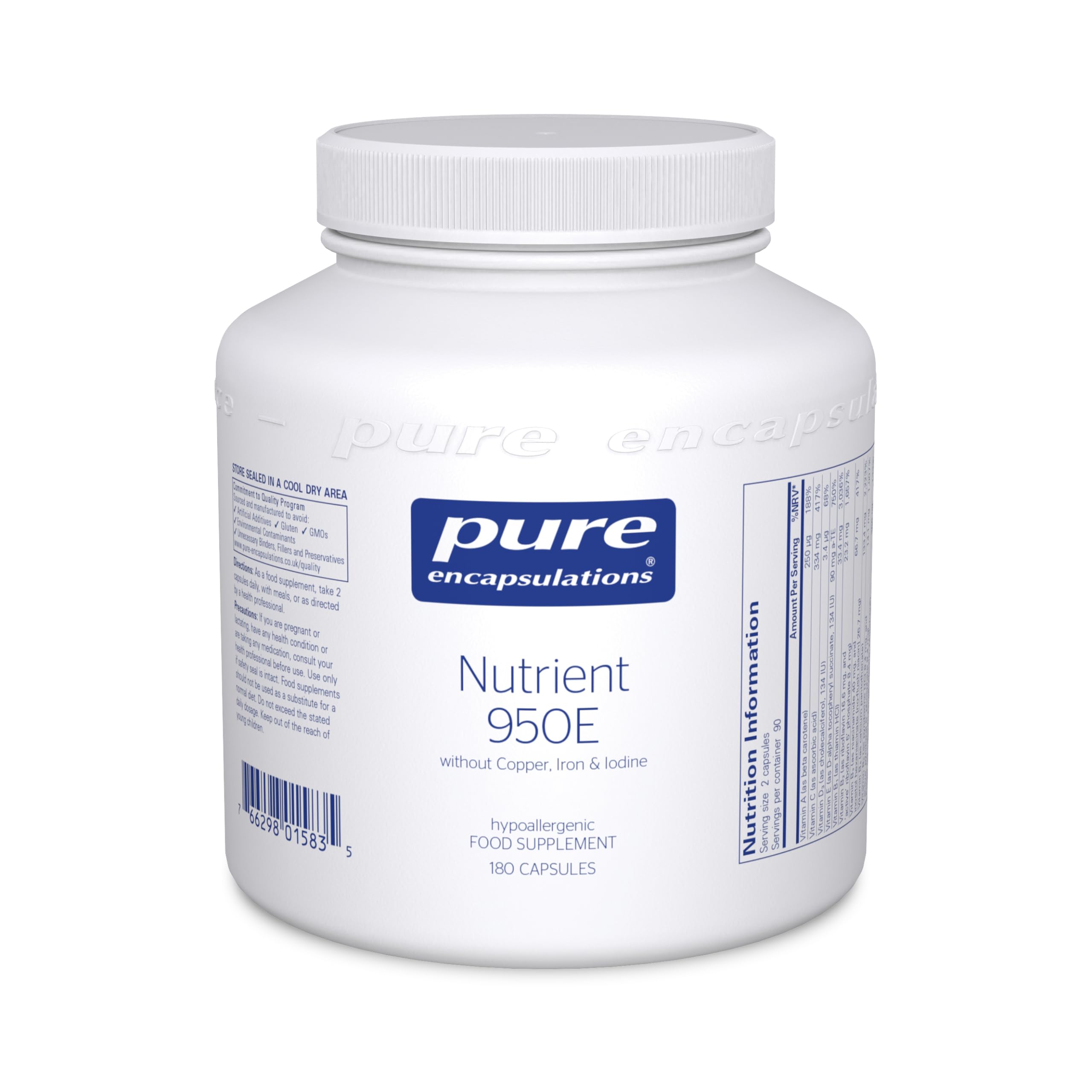 Pure Encapsulations Nutrient 950E Without Cu, Fe and Iodine - Multivitamin with Vitamins A, C, D, B1, B2, B3, B5, B6, Biotin, Calcium, Magnesium, Folate, Selenium & Zinc - 180 Capsules