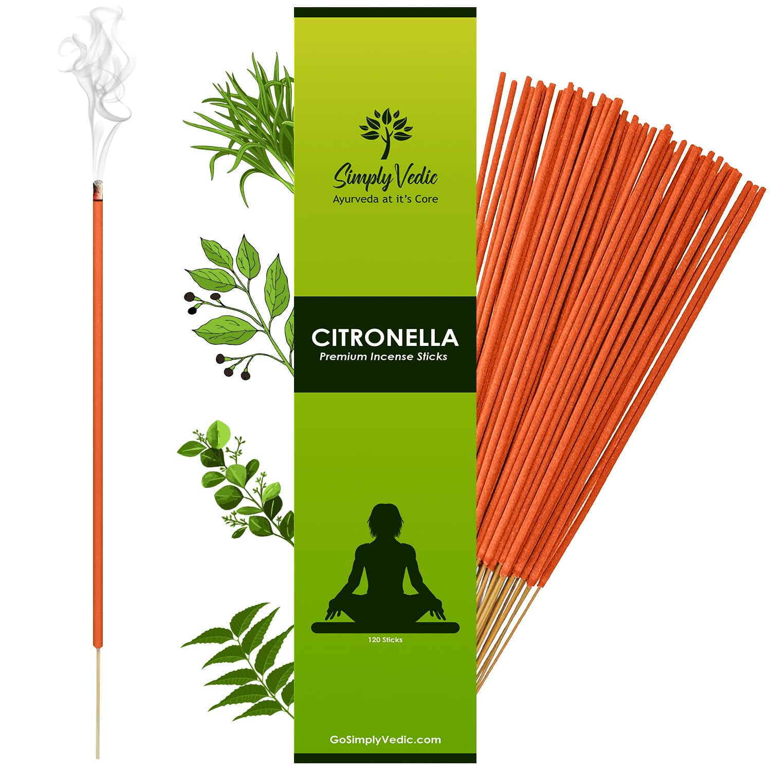 Simply Vedic Citronella Outdoor Patio Incense Sticks (120 Sticks) for Backyard, Travel, Camping| Made with Natural Ingredients, Citronella Oil, Lemongrass & Natural Essential Oils, Free from Chemicals