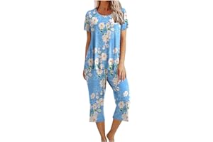 BLUKIDS Capri Pajama Sets for Women 2 Piece Sleep Lounge Wear Pjs Soft Casual Short Sleeve Tops Cropped Pants with Pockets
