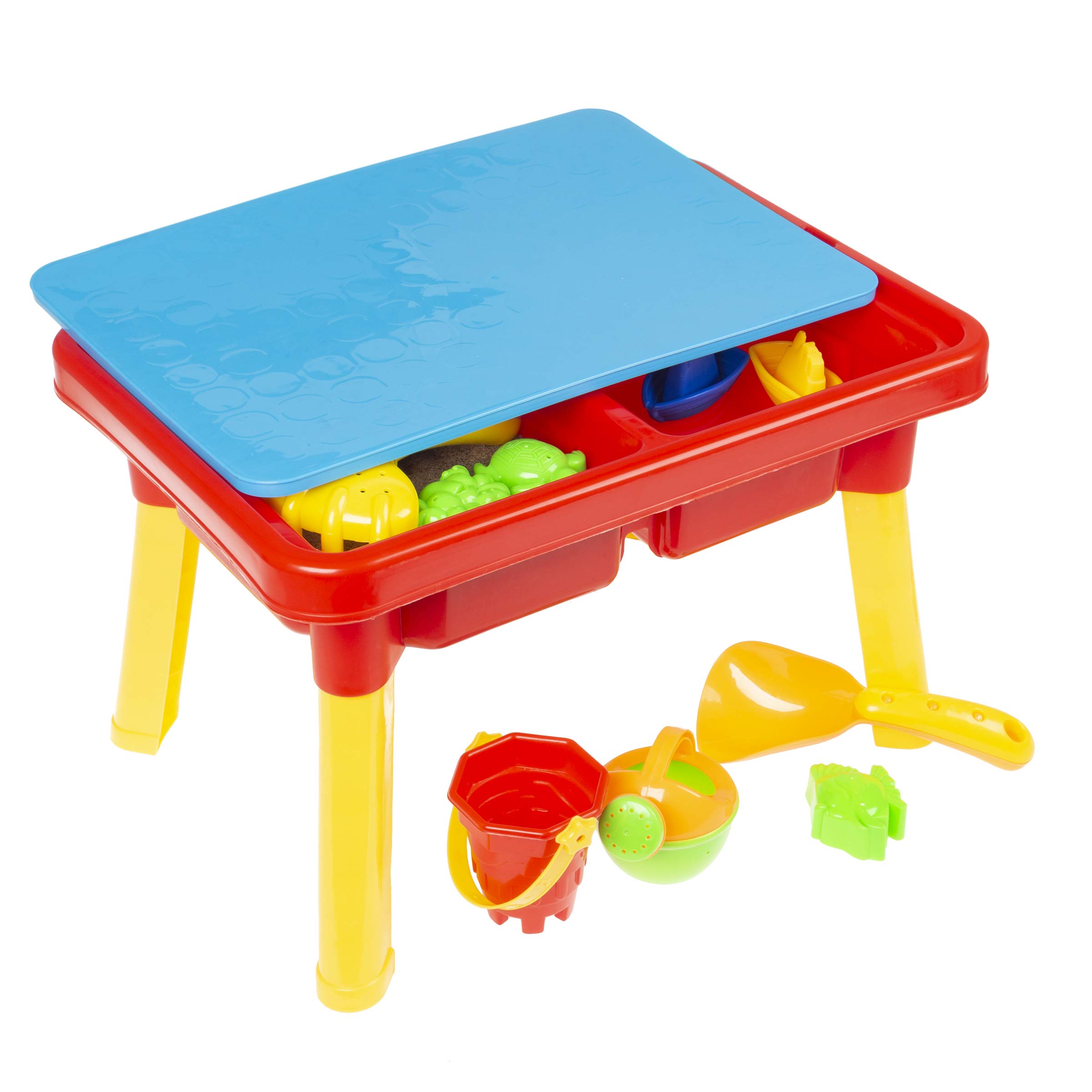 Hey! Play! Water or Sand Sensory Table with Lid and Toys - Portable Covered Activity Playset for The Beach, Backyard or Classroom