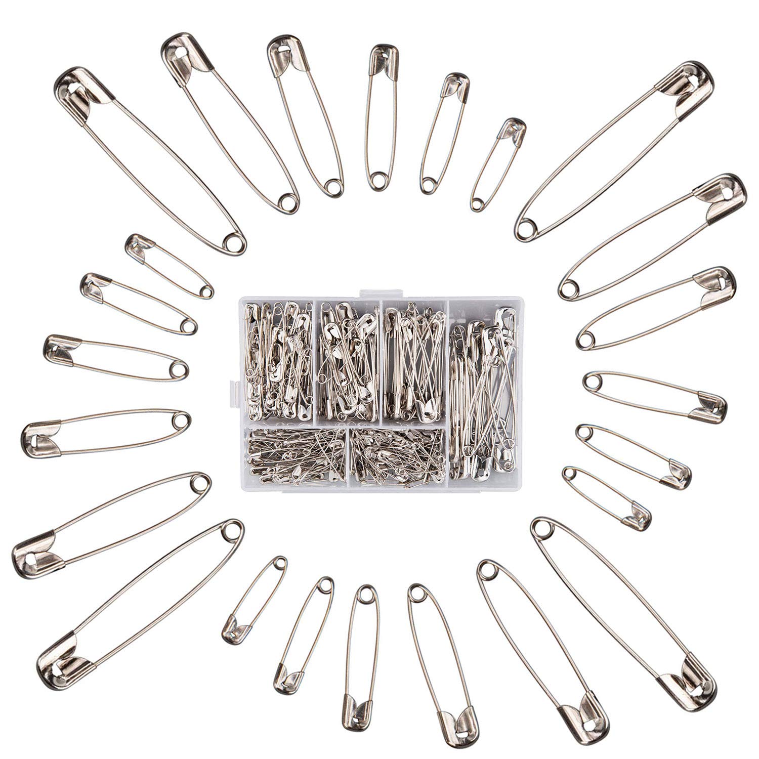 Trimming Shop 250pcs Iron Safety Pins Box for Fastening Securing Clothing, Dressmaking, Sewing, DIY Art & Craft Projects (Silver, 6 Different Sizes)