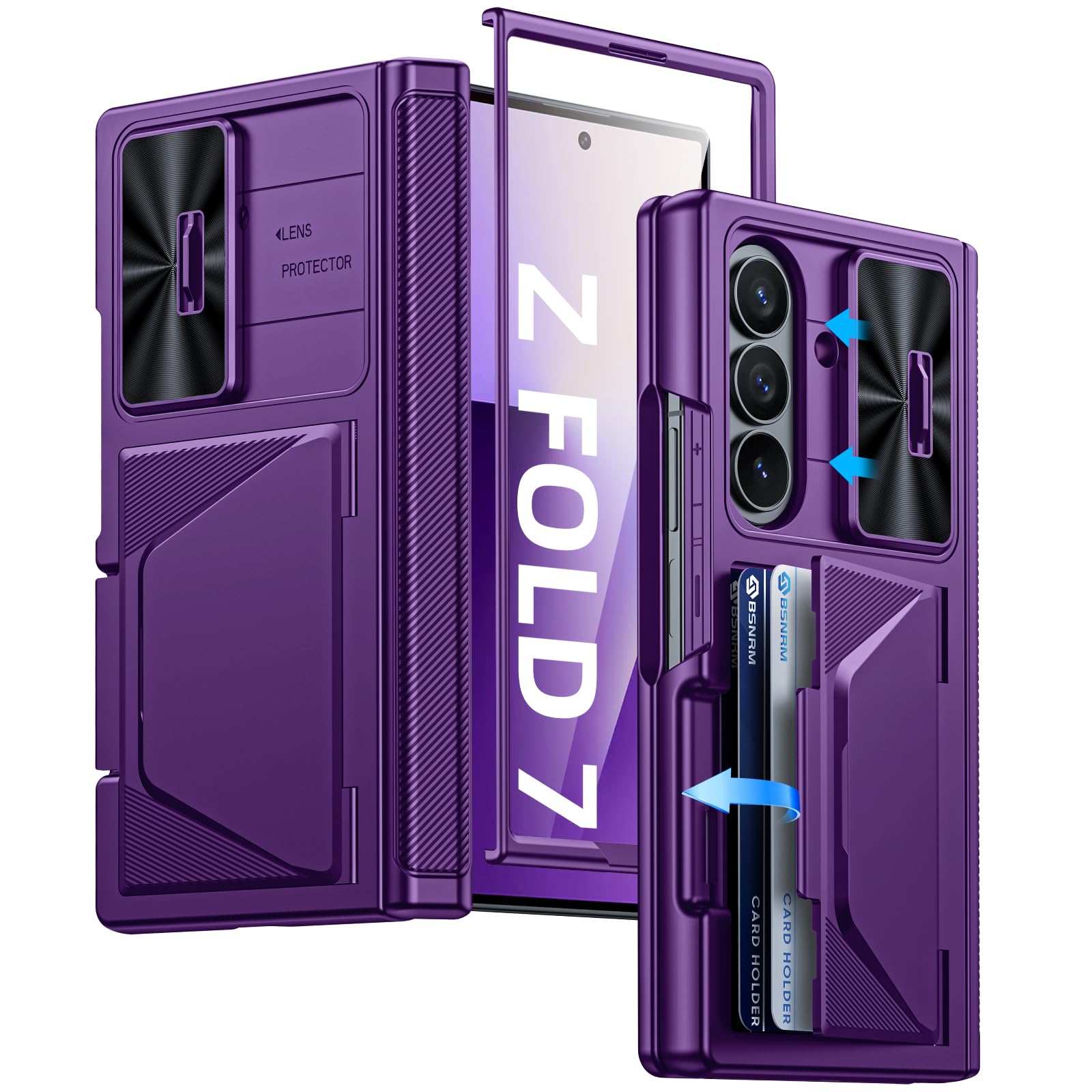 BSNRM for Samsung Galaxy Z Fold 7 Case with Card Holder RFID Blocking, Built in Slide Lens Cover & Hinge Protection & Screen Protector, Shockproof Wallet Case for Z Fold 7 (Purple)