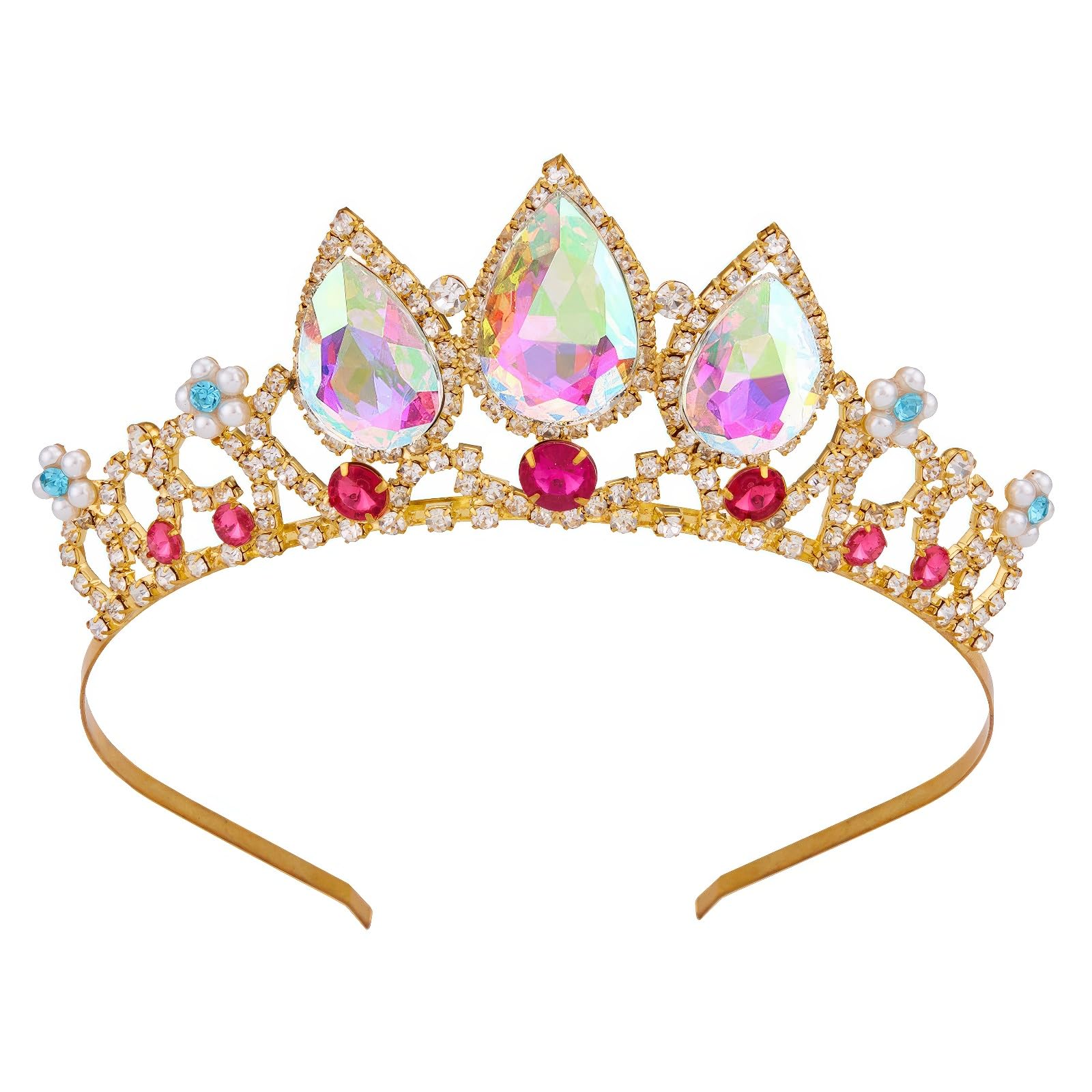 Tiaras for Girls, Vofler Rapunzel Princess Tiara - Gold Crown Crystal Ruby Rhinestone Pearl Headband for Little Flower Girl Kids Women Birthday Wedding Pageant Prom Homecoming Halloween Costume Party