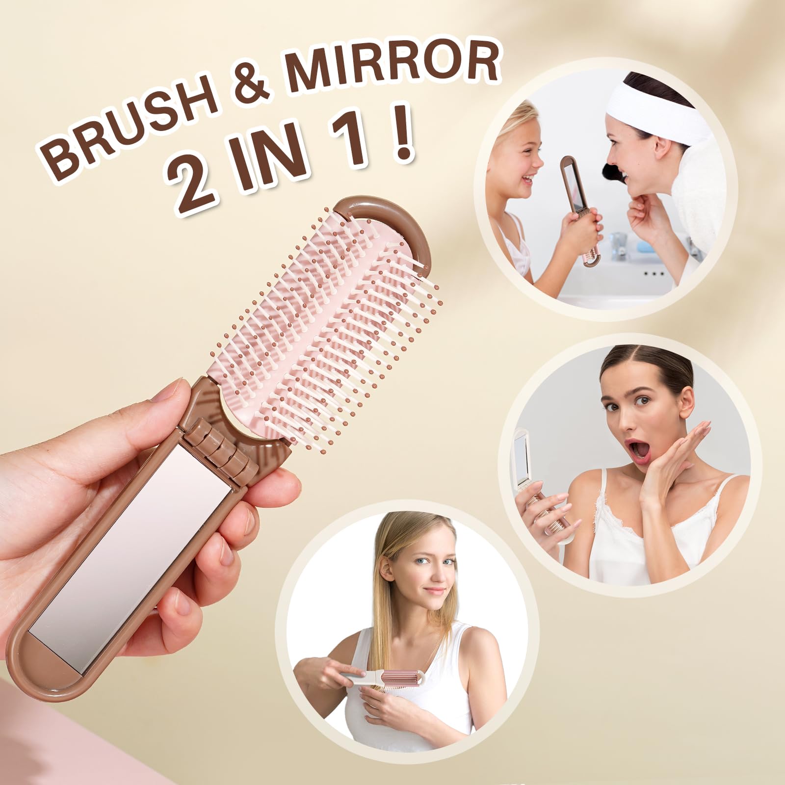 RHOS Folding Brush with Mirror for Women, Girls - Mini Hair Brush for Purse, Small Pocket Brush with Soft Nylon Bristles and Mirror for Travel (Beige)