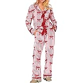 Argeousgor Women Bow Tie Pajamas Satin Silk Heart Print Pajama Set Long Sleeve Button Down Top and Pants Pjs Sleepwear
