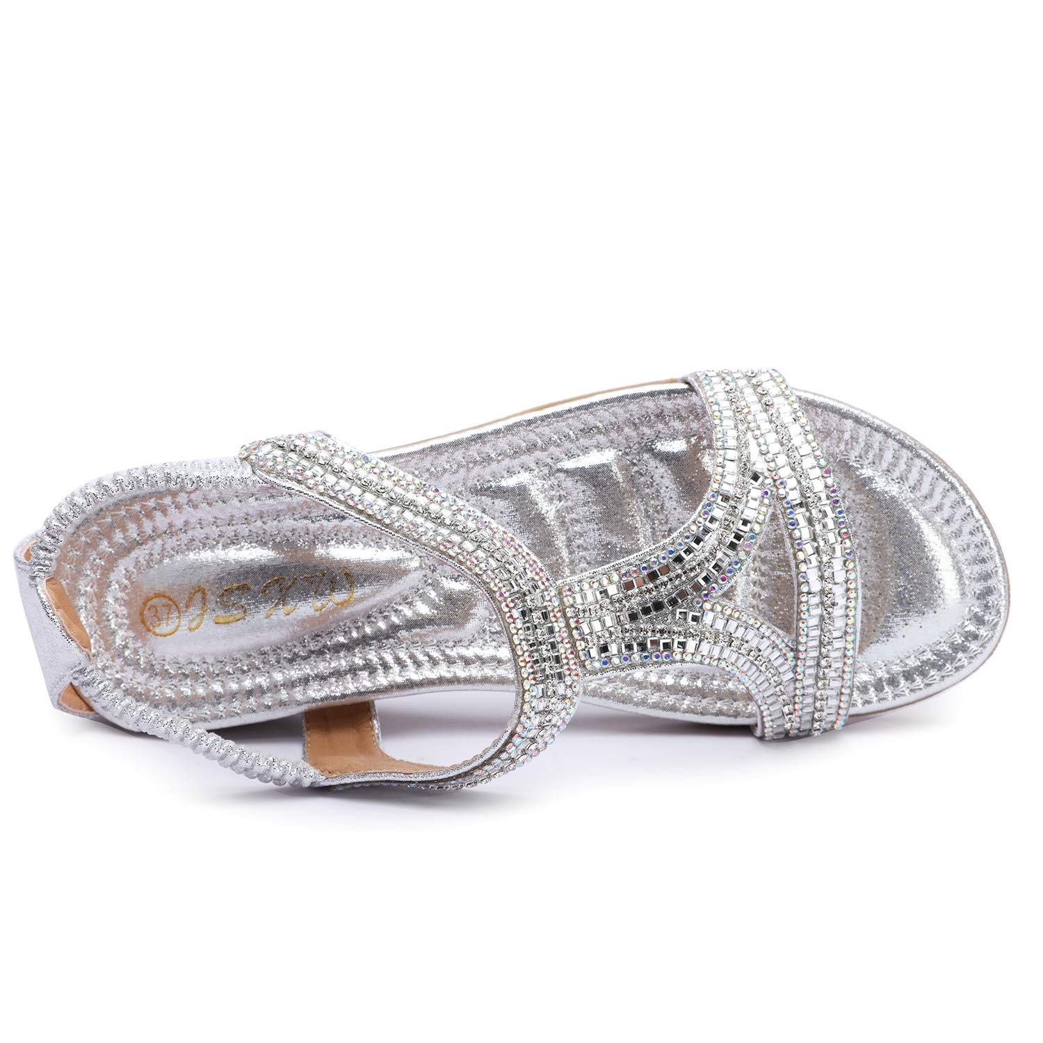 Odema Womens Glitter Flat Sandals Rhinestone Open Toe Slip-on Dress Shoes - Image 6