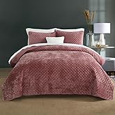 Liians Velvet Bedspread Quilt Bedding Sets,Luxury Elegant Ultra Soft Velvet Comforters Coverlet Blankets,Weave Stitching Pattern Cotton Quilted Bedspread for All Seasons,Mauve Pink,Queen Size