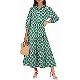 Wenrine Womens Casual 3/4 Sleeve Shirt Dress Button Down V Neck Tiered Collared Flowy Maxi Dress