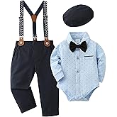 DISAUR Baby Boy Clothes Suits 4PCS Gentleman Outfit Dress Romper Beret Hat Suspender Pants Bow Tie Wedding Set