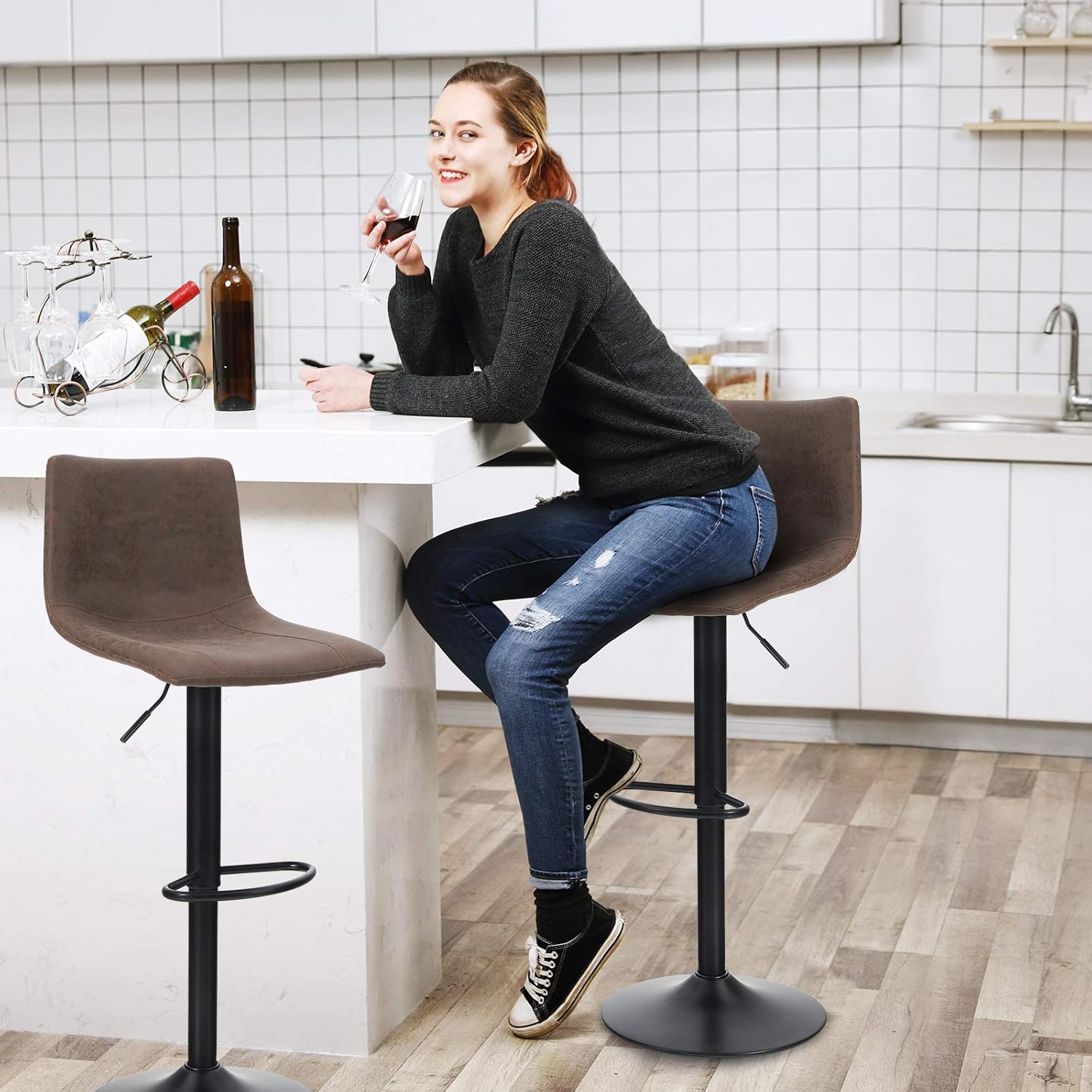 Maison Swivel Bar Stools Set of 2 for Kitchen Counter Adjustable Counter Height Bar Chairs with Back Tall Barstools Faux Leather Kitchen Island Stools, 300LBS Bear Capacity, Brown: Kitchen & Dining