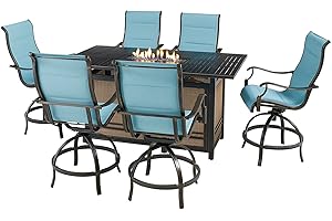 Hanover 7-Piece Traditions Outdoor High Dining Patio Set, 6 Counter-Height Padded Sling Swivel Chairs and Slat-Top Gas Fire Pit Aluminum Table, Brushed Bronze Finish, Rust-Resistant, All-Weather, Blue