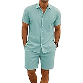 COOFENRISY Summer Beach party hawaiian Outfits 2 Piece Short Sleeve Shirts and Shorts Vacation Texture Linen Sets for Men