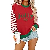 Christmas Sweaters for Women Merry and Bright Shirts Embroidered Graphic Sweater Xmas Striped Pullover Tops