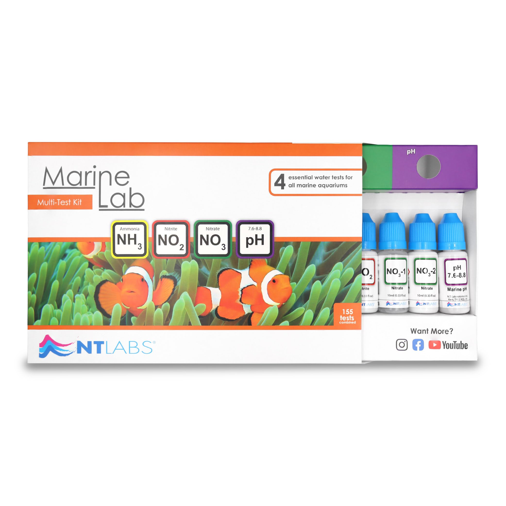 NT Labs Marine Lab Multi-Test Kit (4 Key Parameters - Ammonia, Nitrite, Nitrate & pH), Marine Water Test Kit, Accurate Results, Liquid Drop Tests (Up to 155 Tests)
