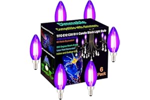 TITO 6 Pack E12 B11 Dimmable Filament LED Candle Black Light Bulbs, UVA 395nm 4.5W Candelabra Black Light Bulb, 60W Blacklight Bulb Equivalent, Glow in Dark Halloween Christmas Party Fluorescent Decor