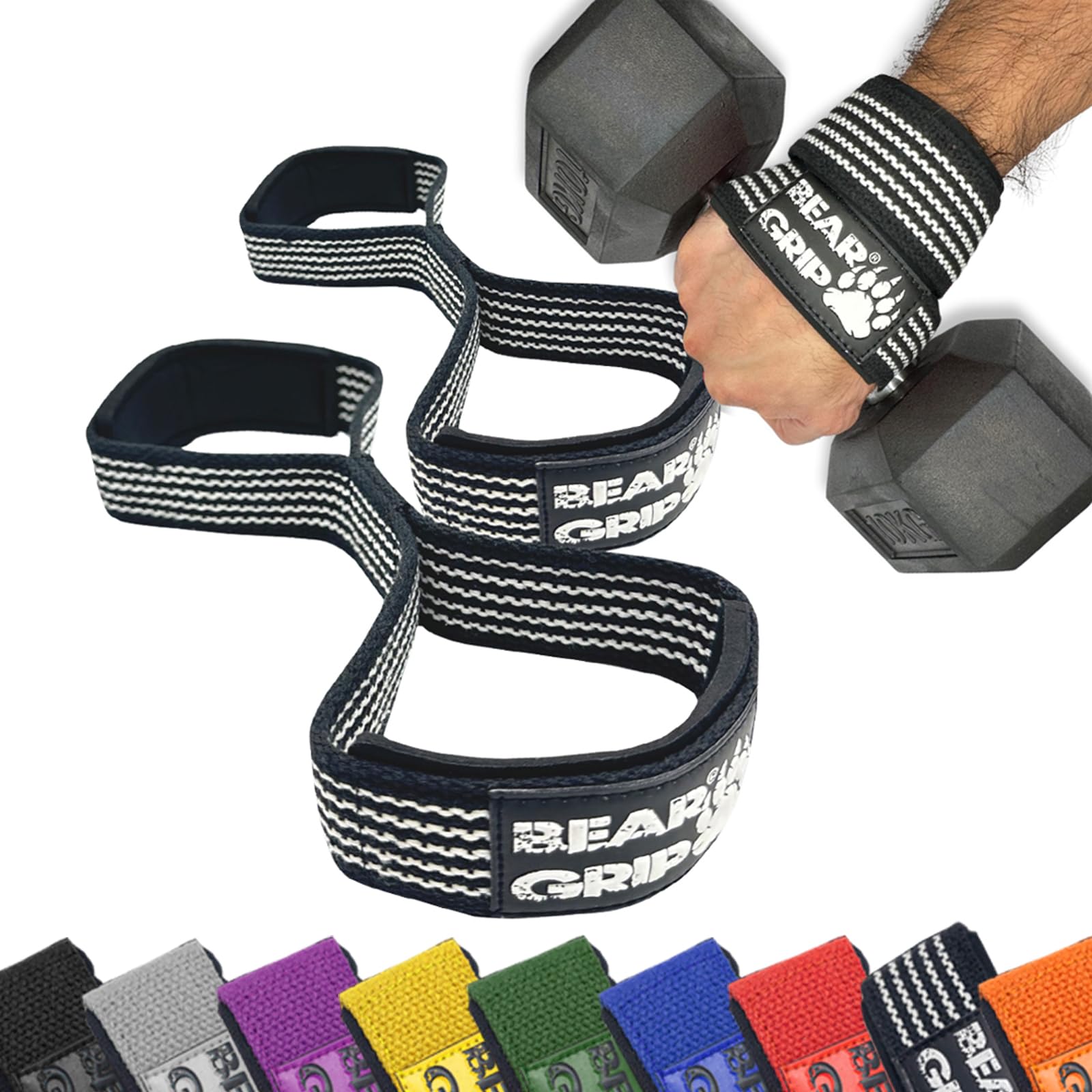 BEAR GRIP - Premium Figure 8 weight lifting straps (sold in pairs) (Black/White) — image 1
