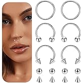 Masedy 6PCS 14G 16G 18G 20G Surgical Steel Septum Nose Rings Cartilage Helix Tragus Earring Hoops for Men Women Hinged Clicker Nose Hoops Daith Conch Horseshoe Earrings Lip Rings Smily Piercing 6-12mm