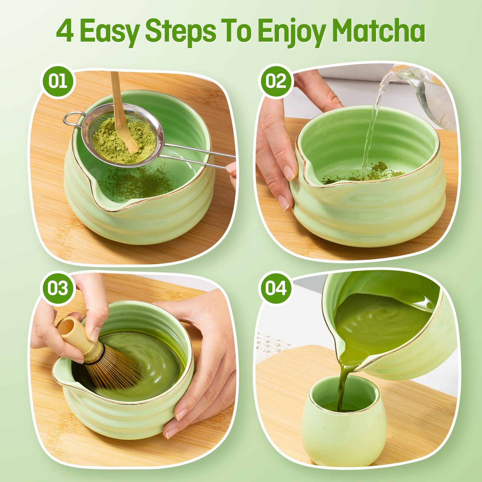 Matcha set - 9 Stück Japanisches Tee-set Inkl Chawan mit Ausgießer, 2 tazze, Schaufel, Halter, Sieb, Matchabesen das perfekte Geschenk für Japanische Teezeremonie-Liebhaber,Green
