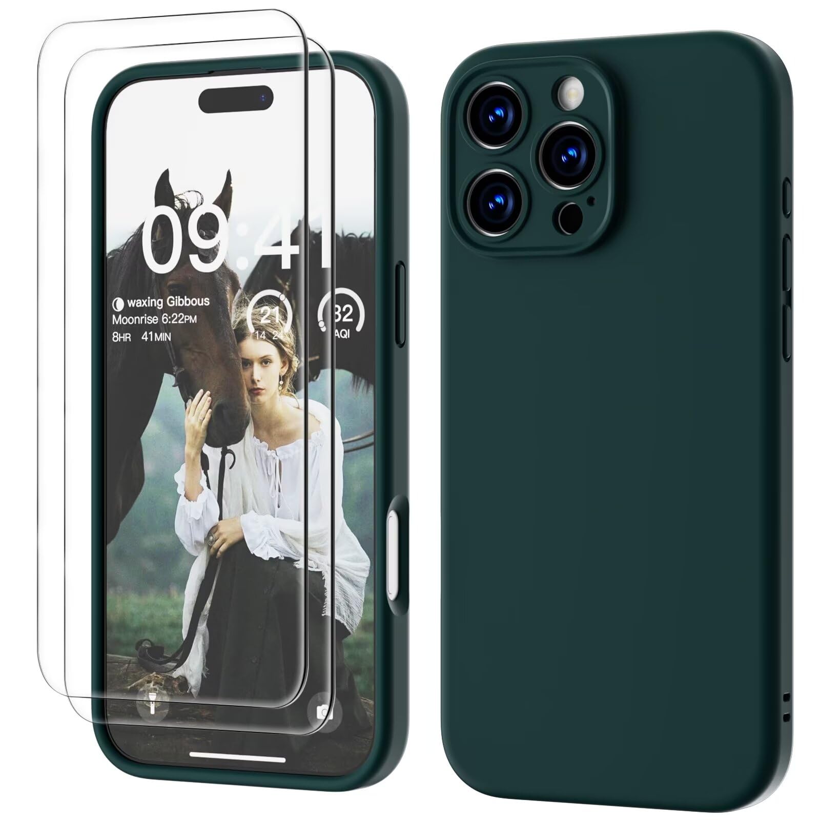 GOODVISH 3 IN 1 for iPhone 16 Pro Max Case 6.9 inch, Upgraded Camera Protection, 2 Pack HD Screen Protector, Liquid Silicone Anti-Scratch Shockproof Gel Rubber Non-Fingerprint Phone Case, Dark Green