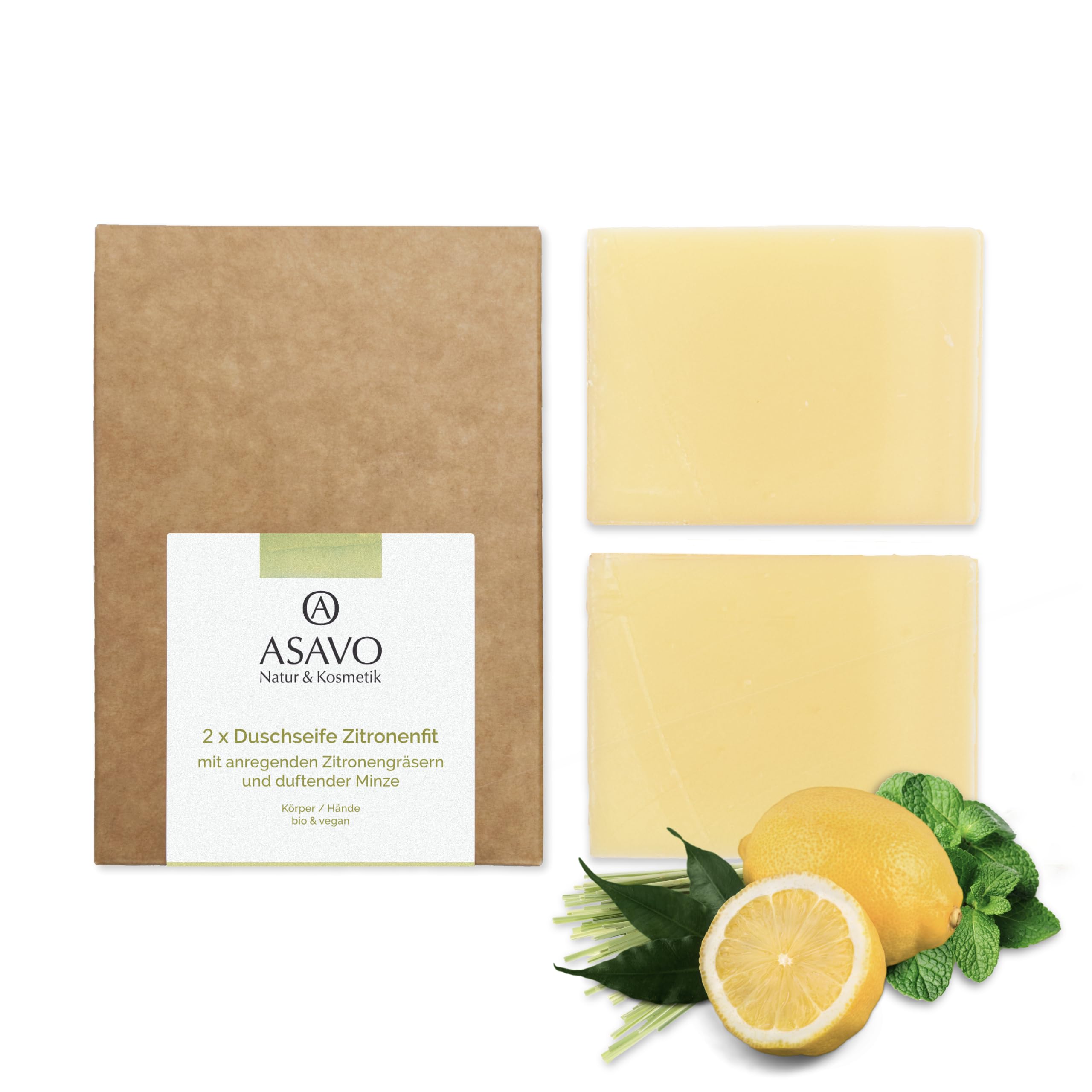 ASAVO Premium Natural Soap Lemon Fit Organic, Handmade Soap with Organic Karite Butter, with the Fragrance of Lemongrass and Mint, Vegan, 2 x 95 g