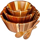 Yunlly Wooden Salad Bowl Set of 5 - Large Fruit Mixing Bowls with Salad Servers Utensils for Serving Dining Accessory - Handmade - Acacia Wood - Large 12", Medium 10", Small 8"(Round Design)