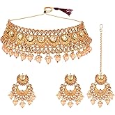Efulgenz Indian Wedding Bridal Sets Traditional Faux Kundan Crystal Stone Necklace Chaandbali Earrings Maang Tikka Bollywood Indian Jewelry for Women