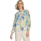 Calvin Klein Women's Floral-Print Gathered Cold-Shoulder Blouse (Pear Multi, Small)