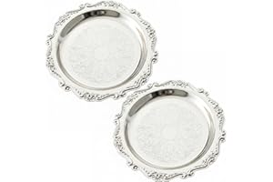 Silver Tray, 2PCS Silver Serving Trays Set, 7.9 inch Metal Platter, Vintage Decorative Serving Platter for Snacks