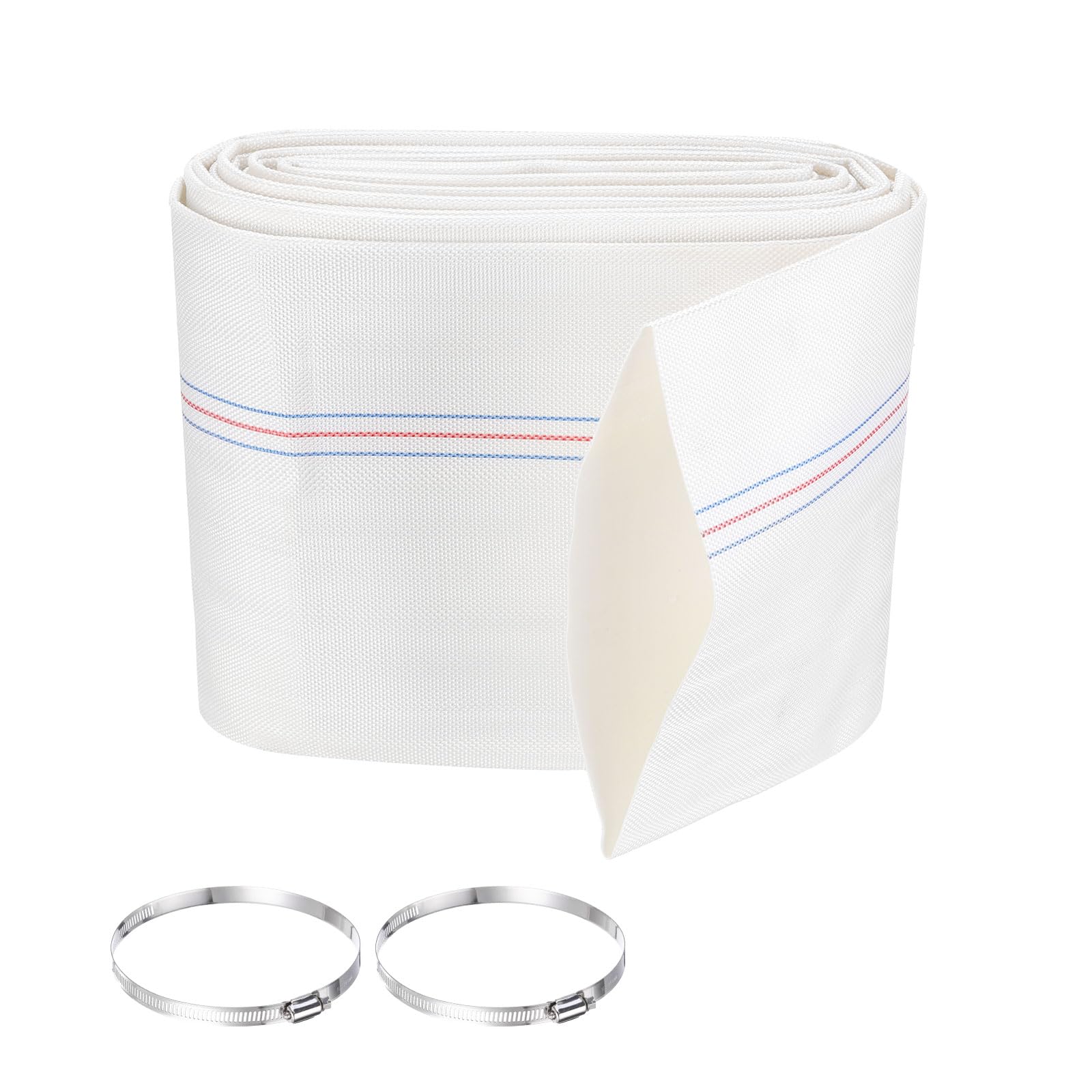 Rebower Pool Backwash Hose, 6 Inch x 30ft Reinforced Drain Hose PVC Lay Flat Water Discharge Pump Hoses for Pool Filter Swimming Pump, with 2pcs Clamps, White