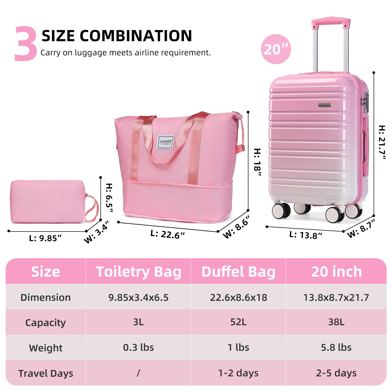 LARVENDER Luggage Sets 3 Piece, 20 Inch Carry on Luggage 22x14x9 Airline Approved Hardside PC+ABS Suitcase Set with Spinner Wheels TSA Lock, Lightweight Luggage Set for Women, Peach Sparkling