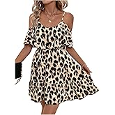SweatyRocks Women's Leopard Print Cold Shoulder Short Dress Elegant Short Sleeve Ruffle A Line Vacation Dresses