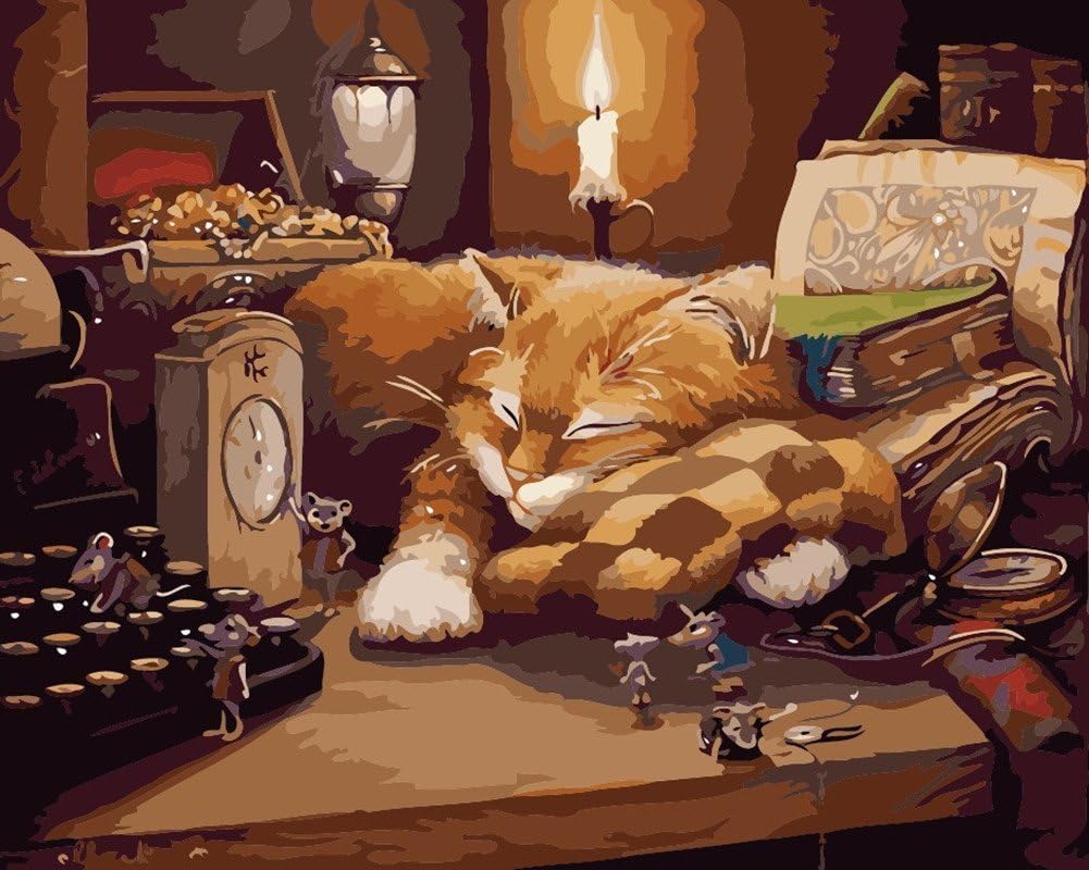 KOMKING Painting by Numbers for Children, Paint by Numbers for Adults Kids Beginner, Paint by Number Kit Painting on Canvas Without Frame 16x20inch - Sleeping Cat Pattern