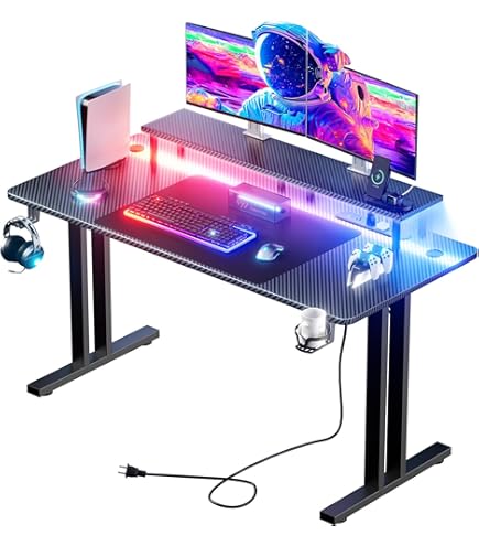 HLDIRECT 47 Inch Gaming Desk With LED Lights Carbon Fibre Surface Gaming Table Large Computer Desk Ergonomic Home Office Desks Z Shaped PC Gamer Workstations With Cup Holder & Headphone Hook Black