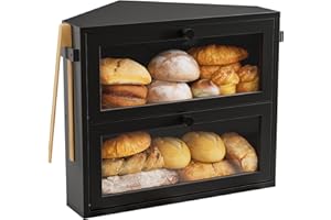 WOWLIVE Corner Bread Box for Kitchen Countertop, Large Double Layer Bread Storage Container for Homemade Bread, Black Bread H