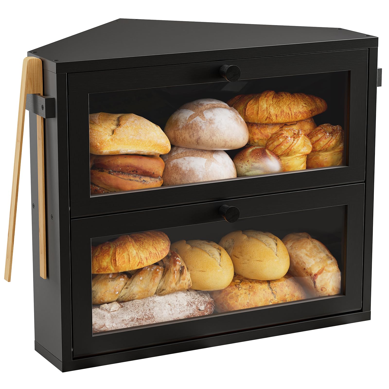 Photo 1 of WOWLIVE Corner Bread Box for Kitchen Countertop, Large Double Layer Bread Storage Container for Homemade Bread, Black Bread Holder for Kitchen Counter, Under Cabinet Organizer (Black, Medium)