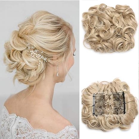 Amazon Co Jp カーリーメッシーヘアバンシュシュシュシュヘア エクステンションクリップインコームシニョンウェーブヘアピースオンブルポニーテールエクステンション サンディブロンドブリーチブロンド 服 ファッション小物