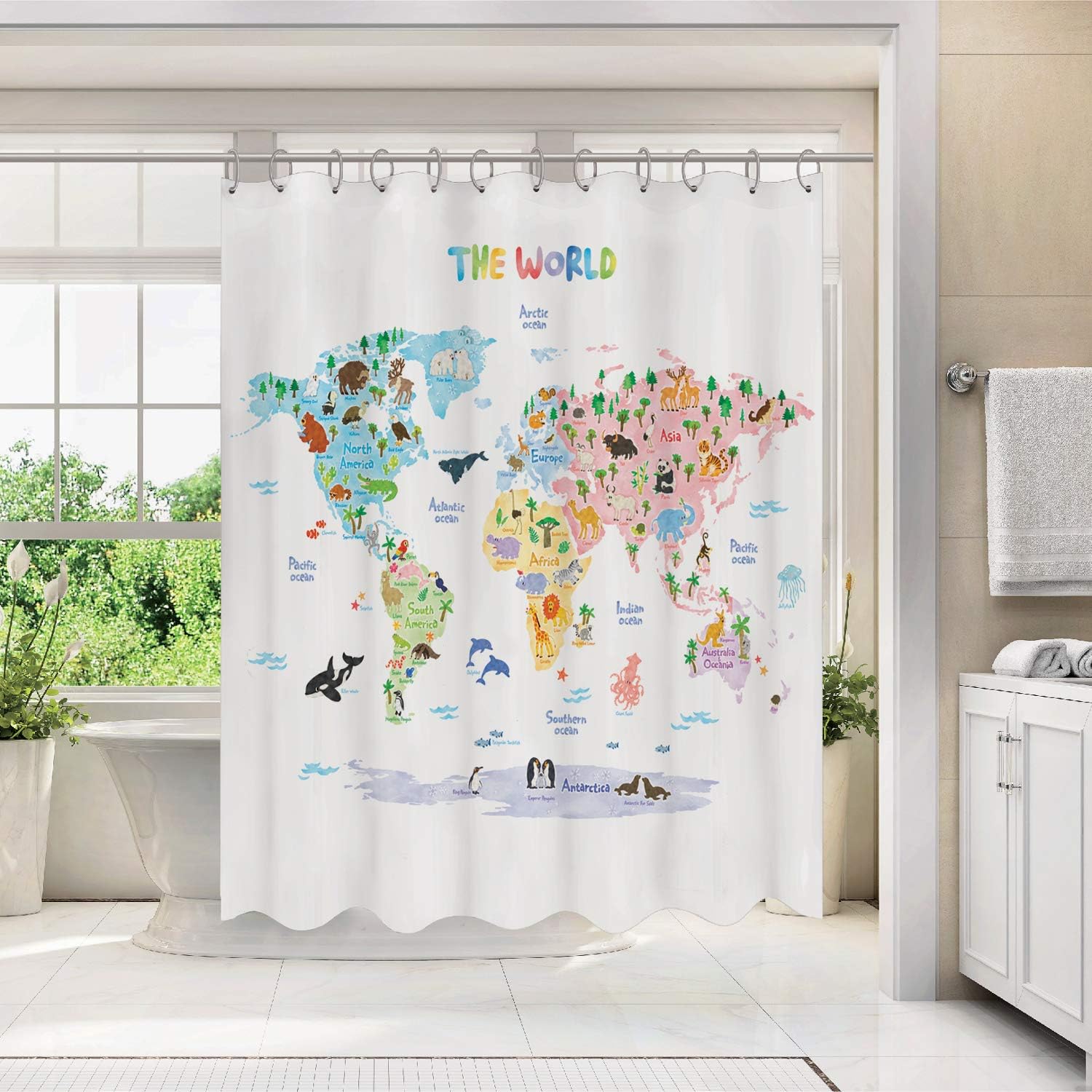 DECOWALL BSC-615 Kids Animal World Map Shower Curtain, Waterproof, Machine Washable, Rust-Resistant Grommets