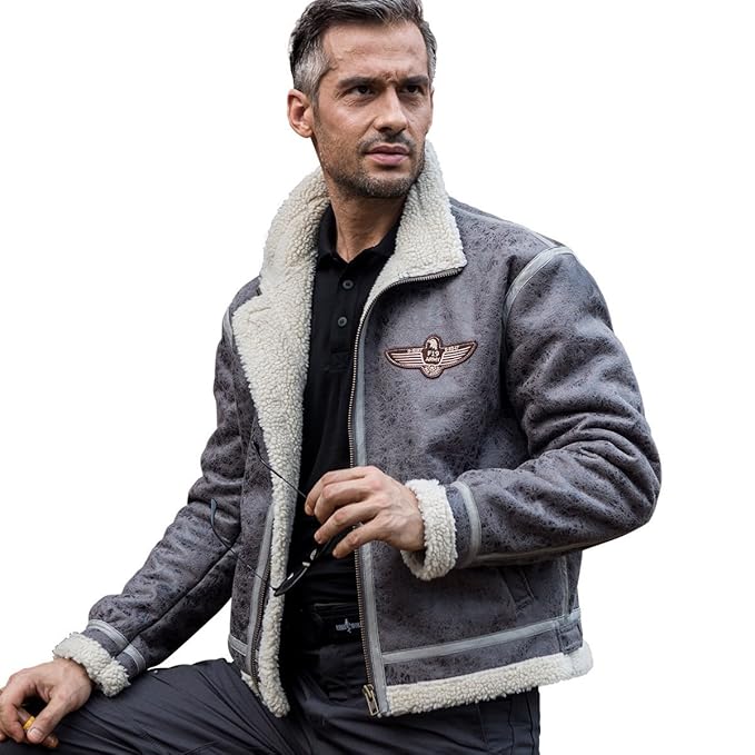 FREE SOLDIER Herren Classic Jacke Fleece Warm Jacket für Herbst Leder Fell Winterjacke Pilot Jacke XL grau