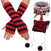 6PCS Y2K Goth Accessories, Crochet Cat Ear Cross Beanie with Striped Gloves 4 Stackable Bracelets, Y2K Alt Emo Grunge Clothes