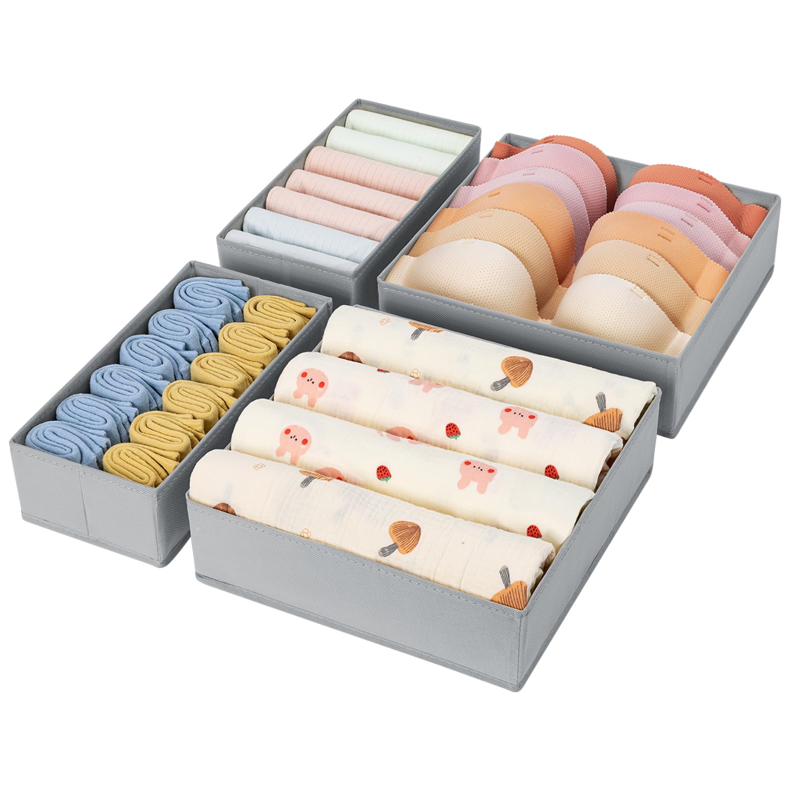 DIMJ 4 Pack Drawer Organiser - Fabric Wardrobe Organiser, Underwear Drawer Dividers, Clothes & Sock Storage - Grey