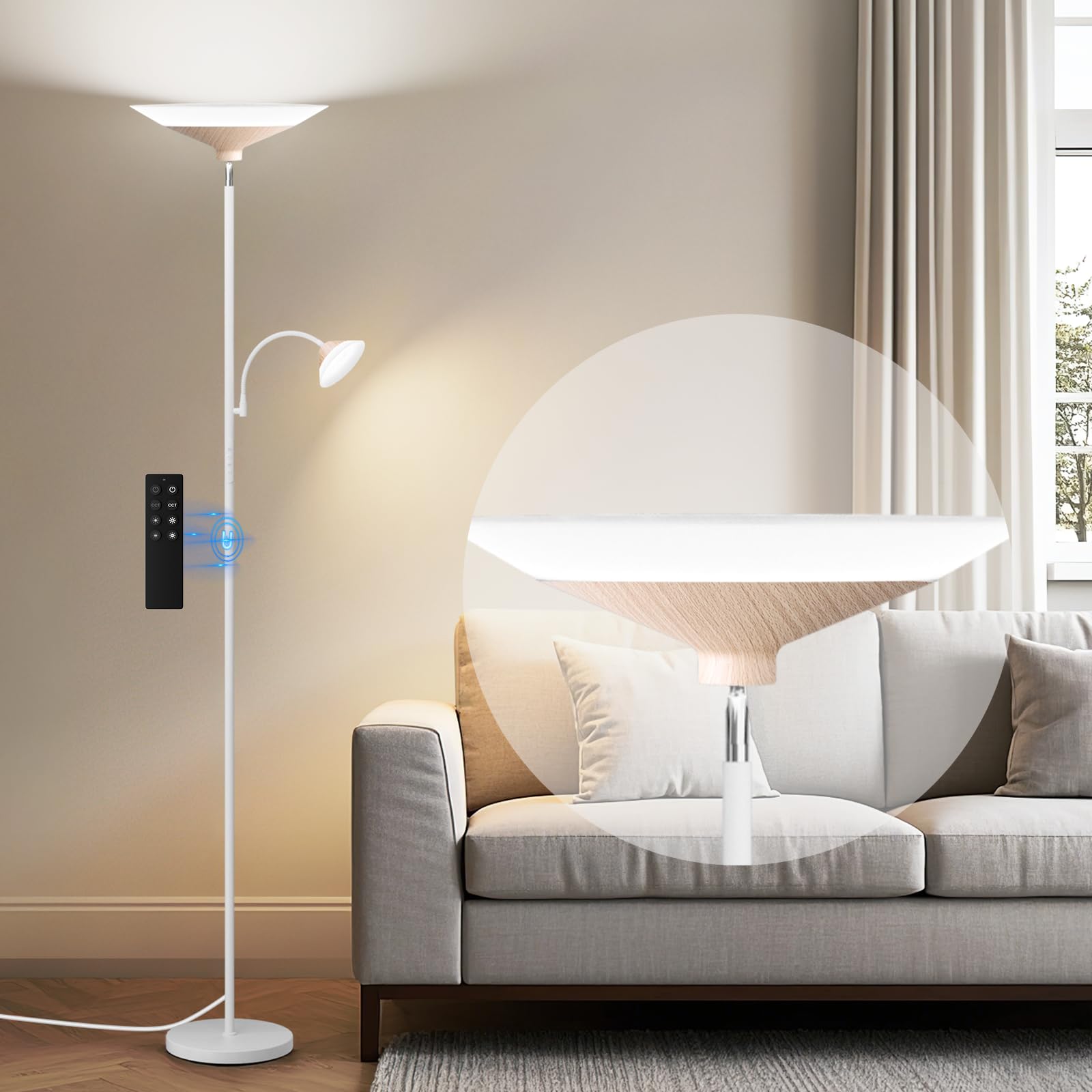 Photo 1 of SIBRILLE Torchiere Floor Lamp with Wood Grain Shade, 72" Dimmable LED Standing Lamp with Remote, 2-in-1 Floor Reading Lamp with Color Changing, 34W White Corner Lamp for Living Room Bedroom Office