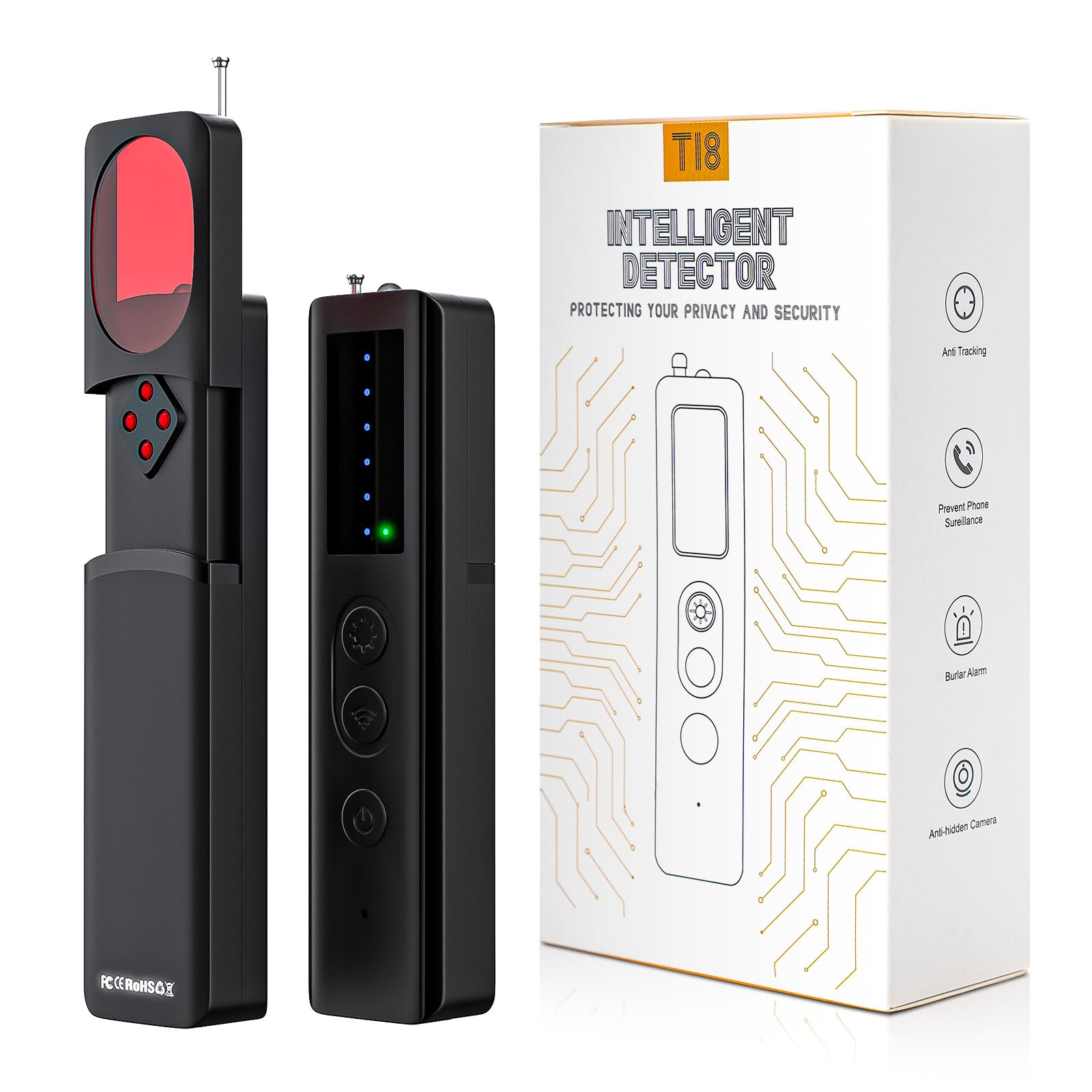 Photo 1 of Hidden Camera Detectors, High Accuracy Camera Detector with Strong Anti-interference Ability,Spy Camera Finder, GPS Tracker Detector, Bug Detector, 25H Work, for Travel, Smoke Detector, Black,1 Pack