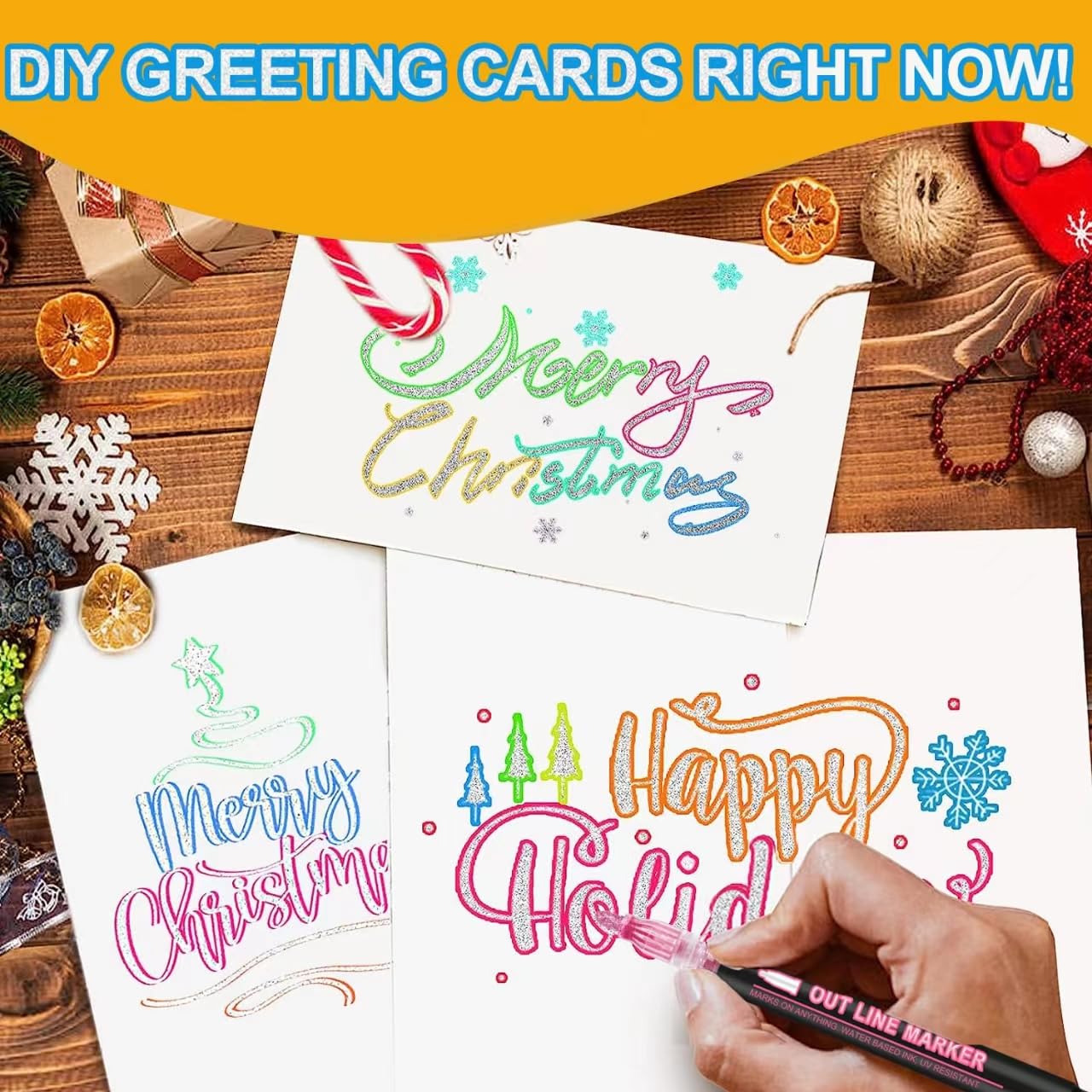 Double Line Super Squiggles Glitter & Metallic Markers, 36 Colors - Self Outline Pens for Doodle Art, Greeting Cards & Crafts