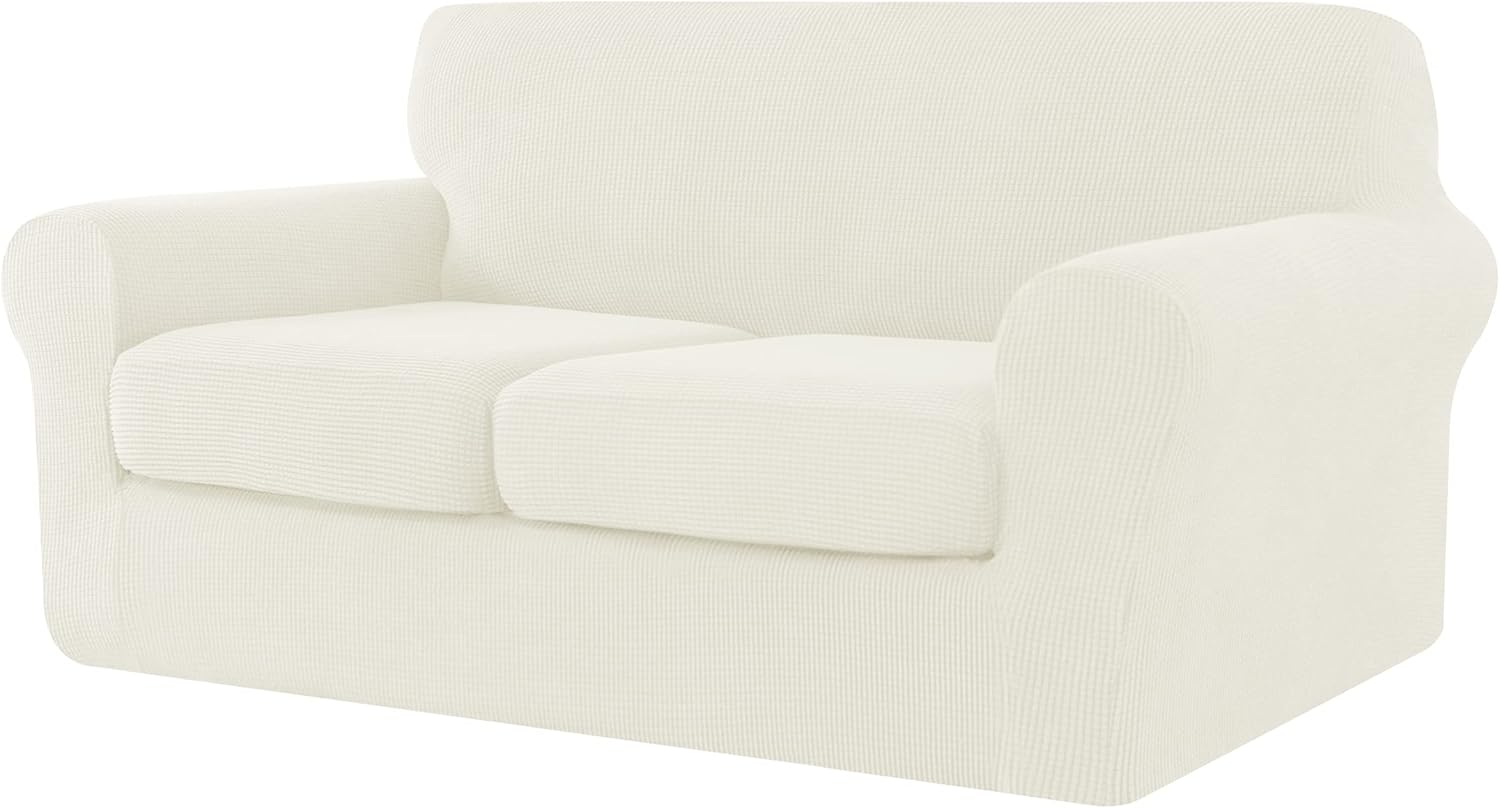 Slipcovers - CHUN YI 3 Pieces Stretch Loveseat Sofa Cover for 2 Seater Couch, Washable Soft Sofa Slipcover with 2 Separate Seat Cushion Covers for Dogs, Checks Spandex Jacquard Fabric, Medium, Ivory White