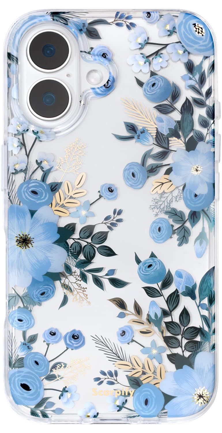 SCORPIFY for iPhone 16 Case with Blue Nemophila Floral Design, Cute Clear Flower Phone Cover for Women Girls, [Non Yellowing] Slim Shockproof Bumper with Gold Accents
