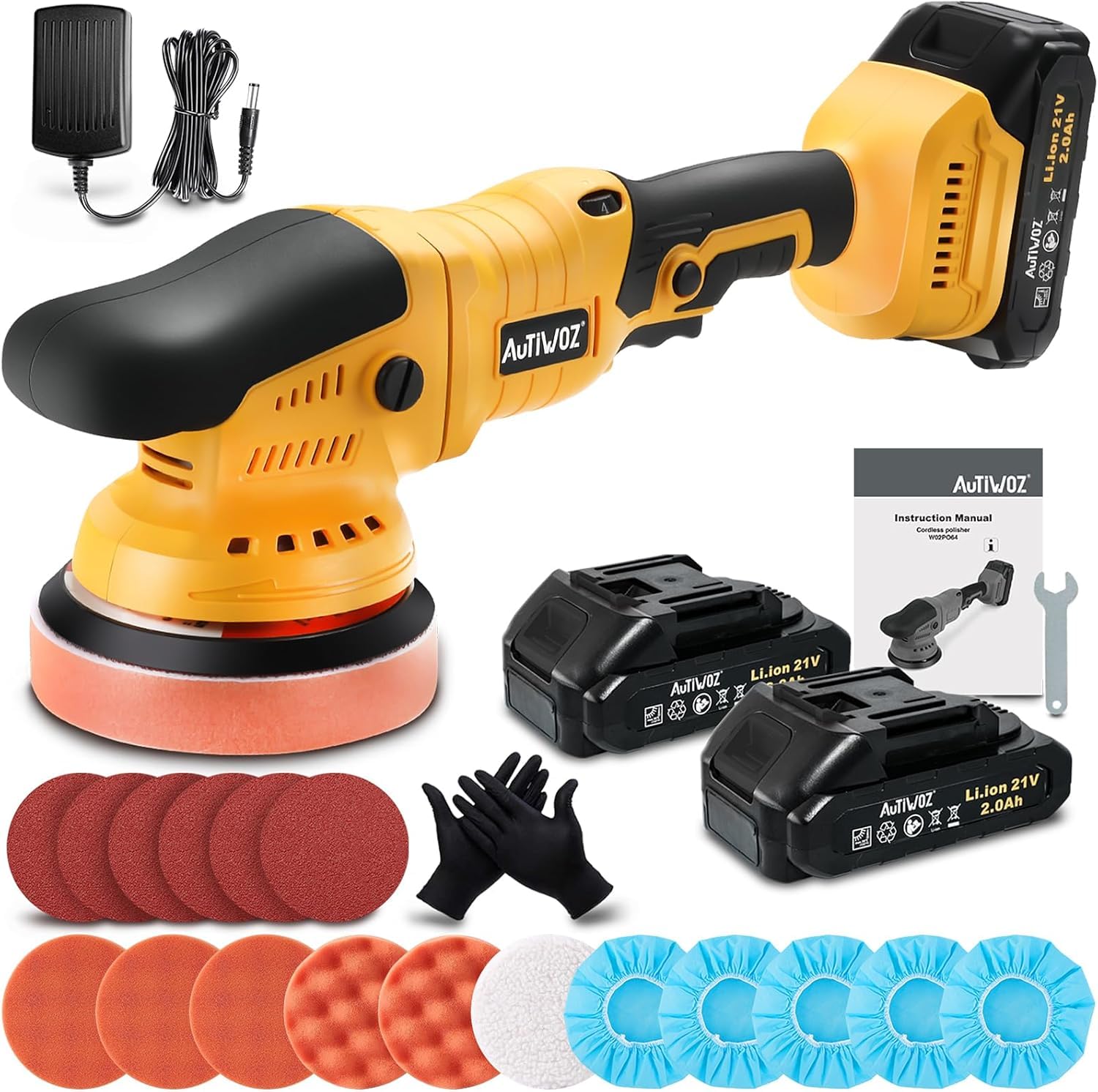 Photo 1 of **PARTIAL SET--CHECK CLARK NOTES--**AUTIWOZ Cordless Car Buffer Polisher, 2x2000mAh 21V Batteries 5 Inch Random Orbital Polisher for Car Detailing, Waxing, Polishing, Scratch Removing, 6 Variable Speed Car Buffer Polishing Kit