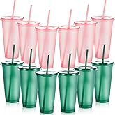 Skylety 12 Pack Witch Party Favors Cups with Lids and Straws Pink and Green Birthday Party Decorations 24 oz Reusable Plastic Cups Bulk Glitter Plastic Tumblers Iced Coffee Mug for Pink Princess Theme